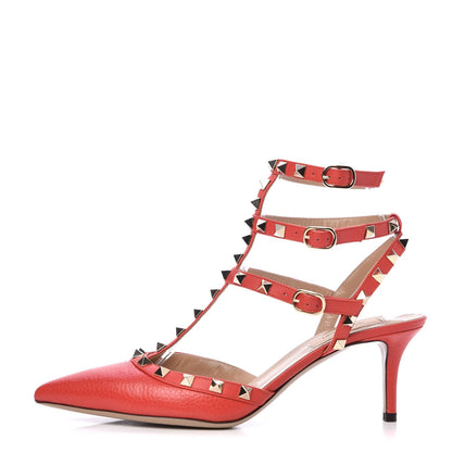 Valentino Garavani Pebbled Calfskin Rockstud Ankle Strap 65mm Pumps 38.5 Deep Coral 1 of 10