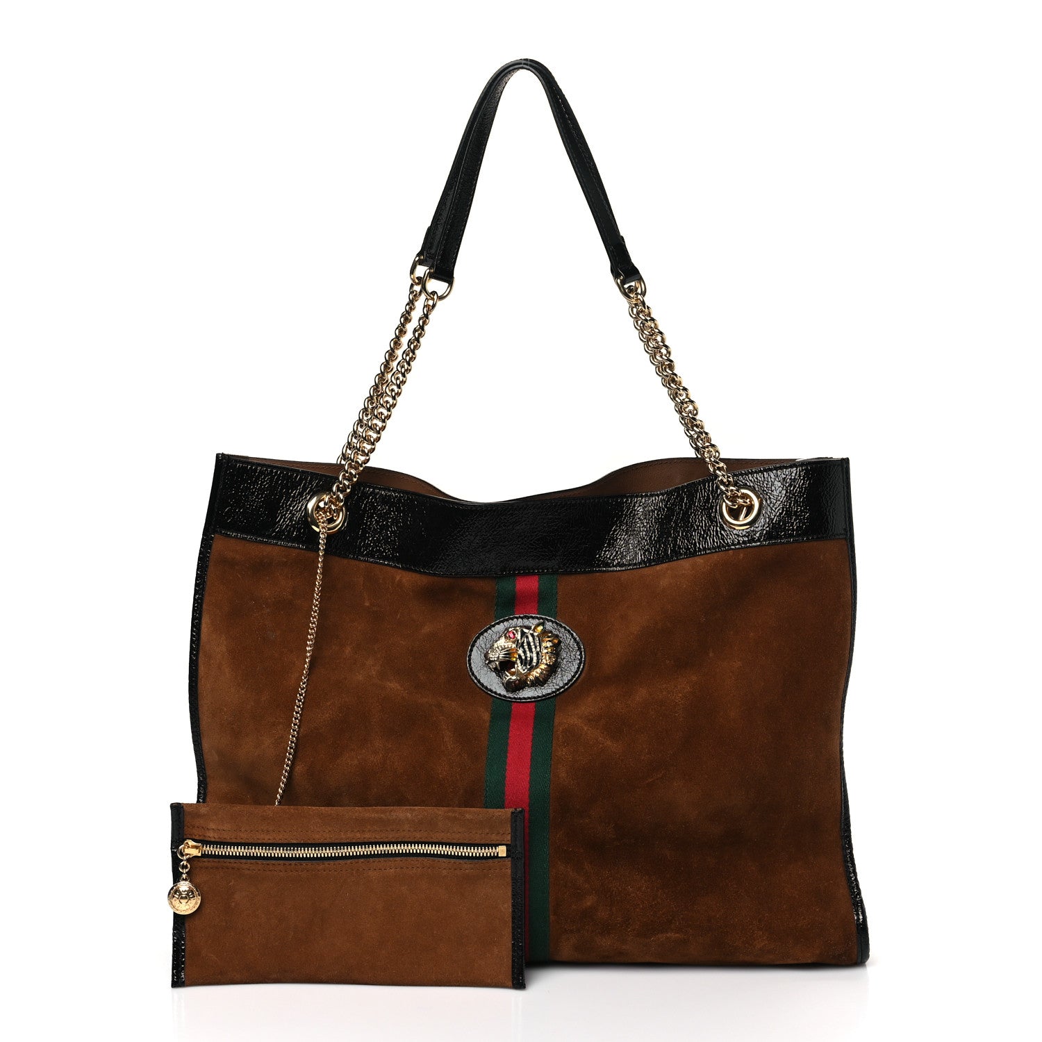 Gucci Suede Patent Large Rajah Chain Tote Nocciola Black 1 of 10