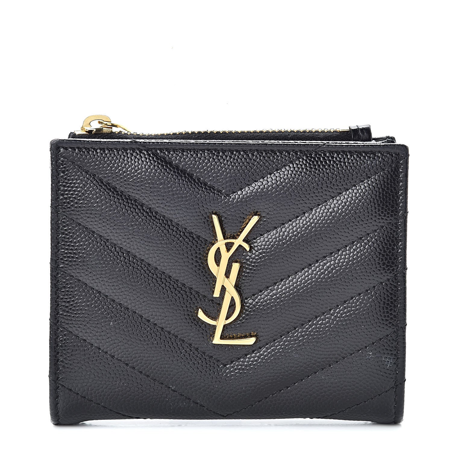 Saint Laurent Grain De Poudre Matelasse Chevron Monogram Zipped Card Case Black 1 of 9