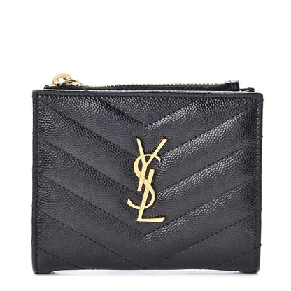 Saint Laurent Grain De Poudre Matelasse Chevron Monogram Zipped Card Case Black 1 of 9
