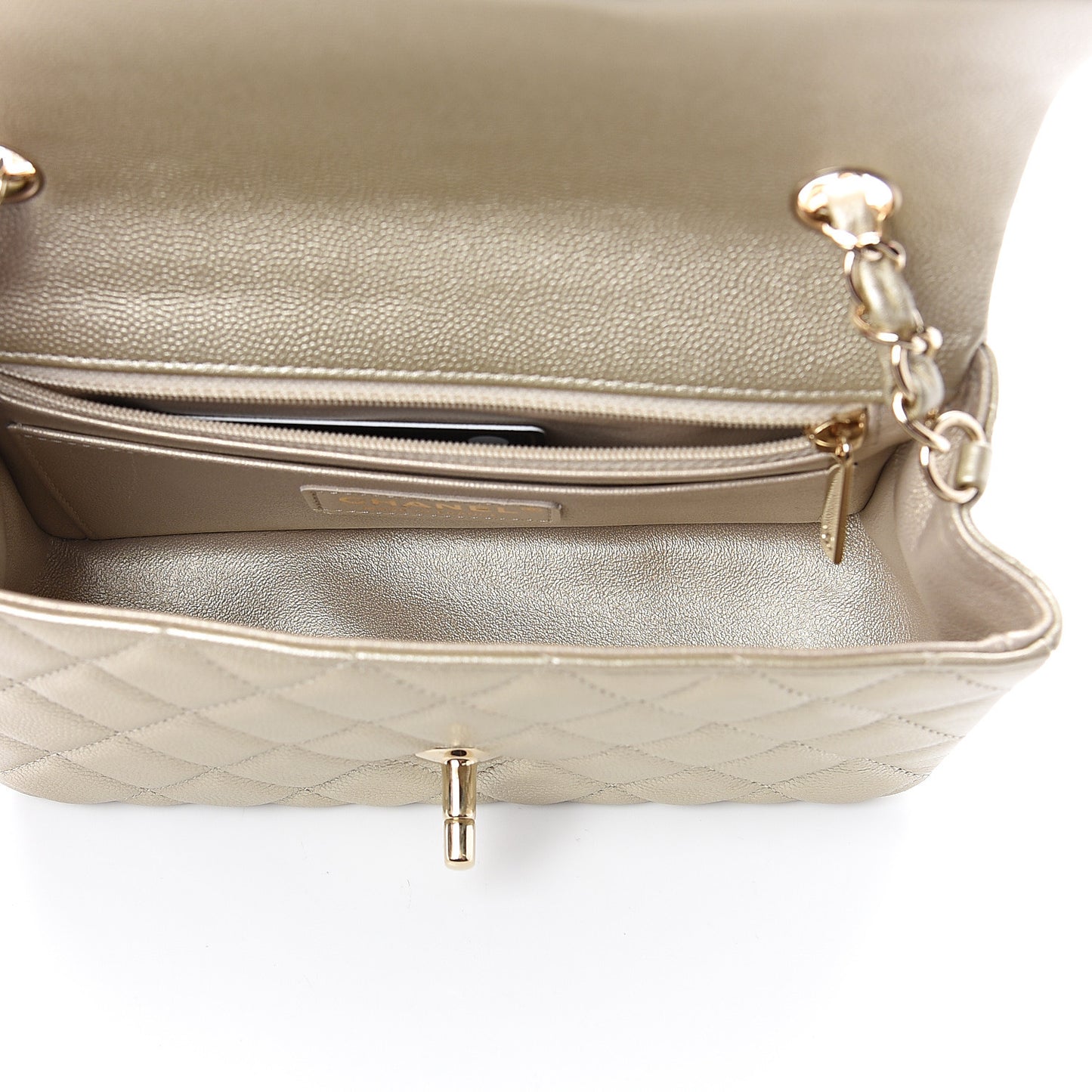 Metallic Caviar Quilted Mini Rectangular Flap Gold