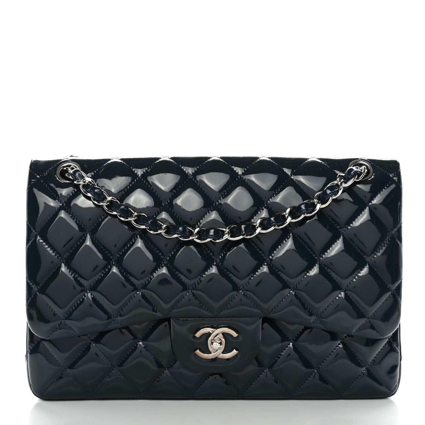 Patent Quilted Jumbo Double Flap Dark Blue