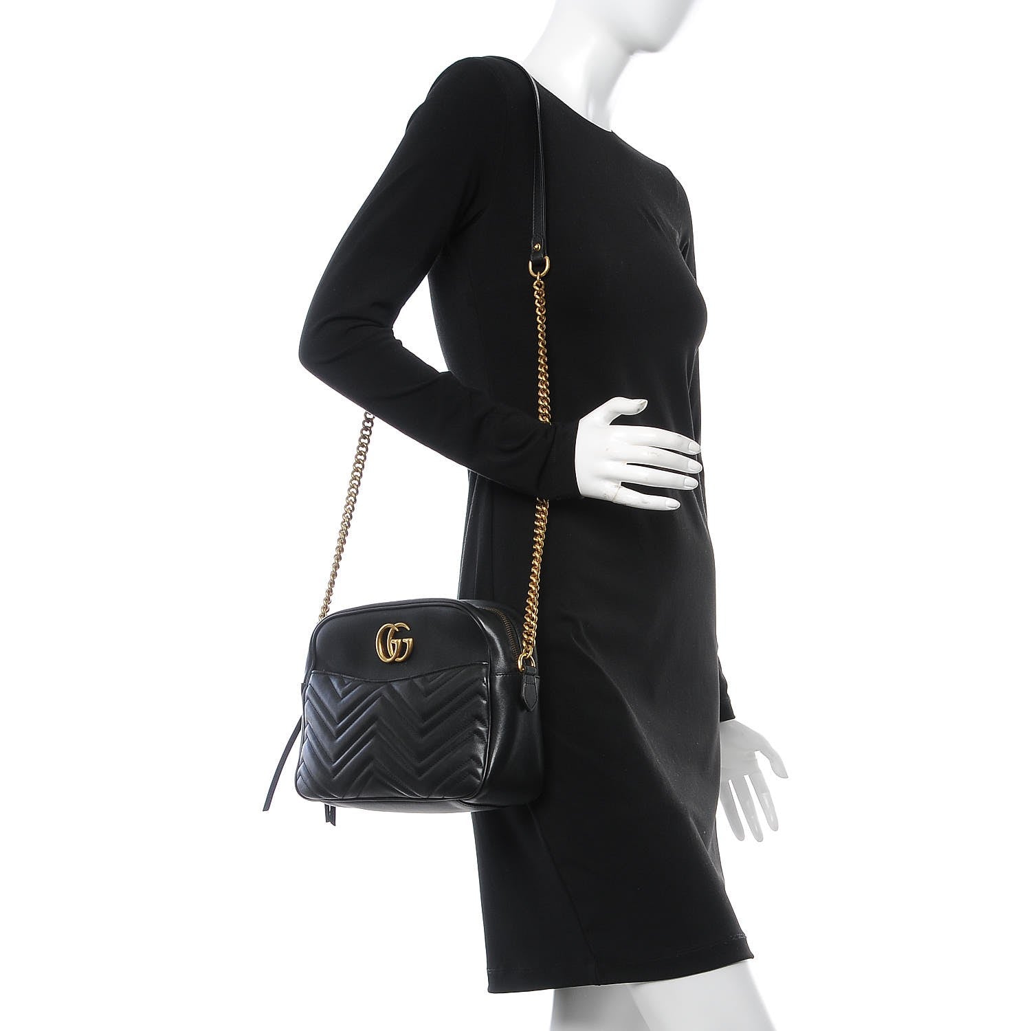 Gucci Calfskin Matelasse Medium GG Marmont Chain Shoulder Bag Black 2 of 14
