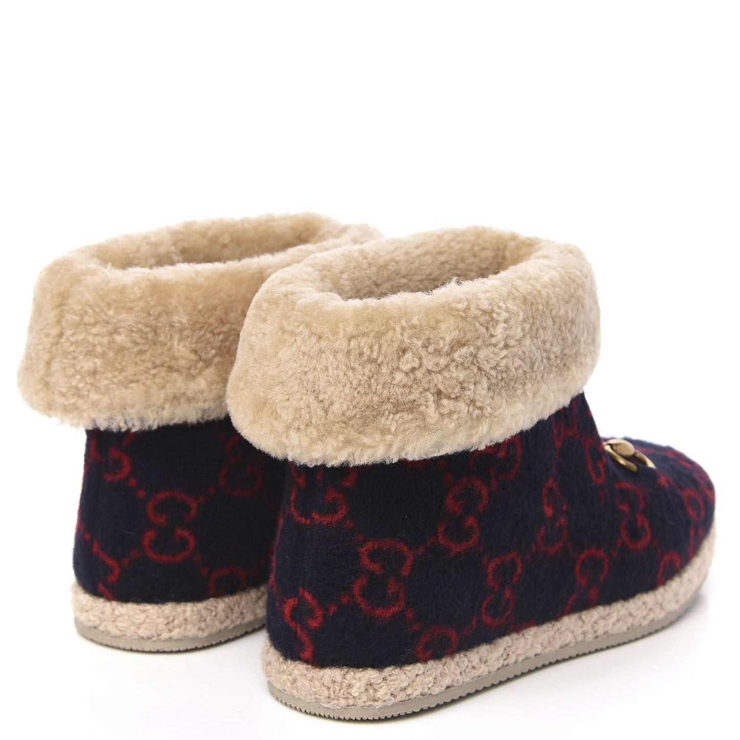 Covered Wool GG Monogram Womens Fria Horsebit Ankle Boots 37 Blue Red Butterscotch