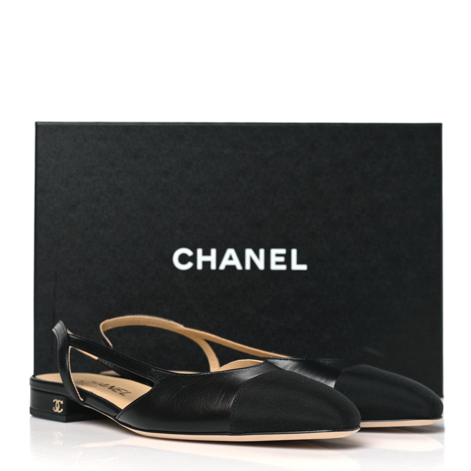 Chanel Goatskin Grosgrain Cap Toe CC Slingback Flats 37.5 Black 9 of 9