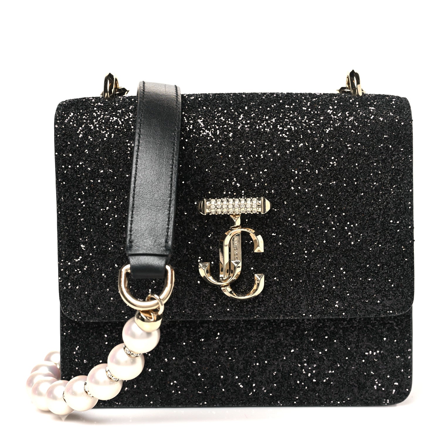 Jimmy Choo Coarse Glitter Pearl Varenne Shoulder Bag Black 1843992
