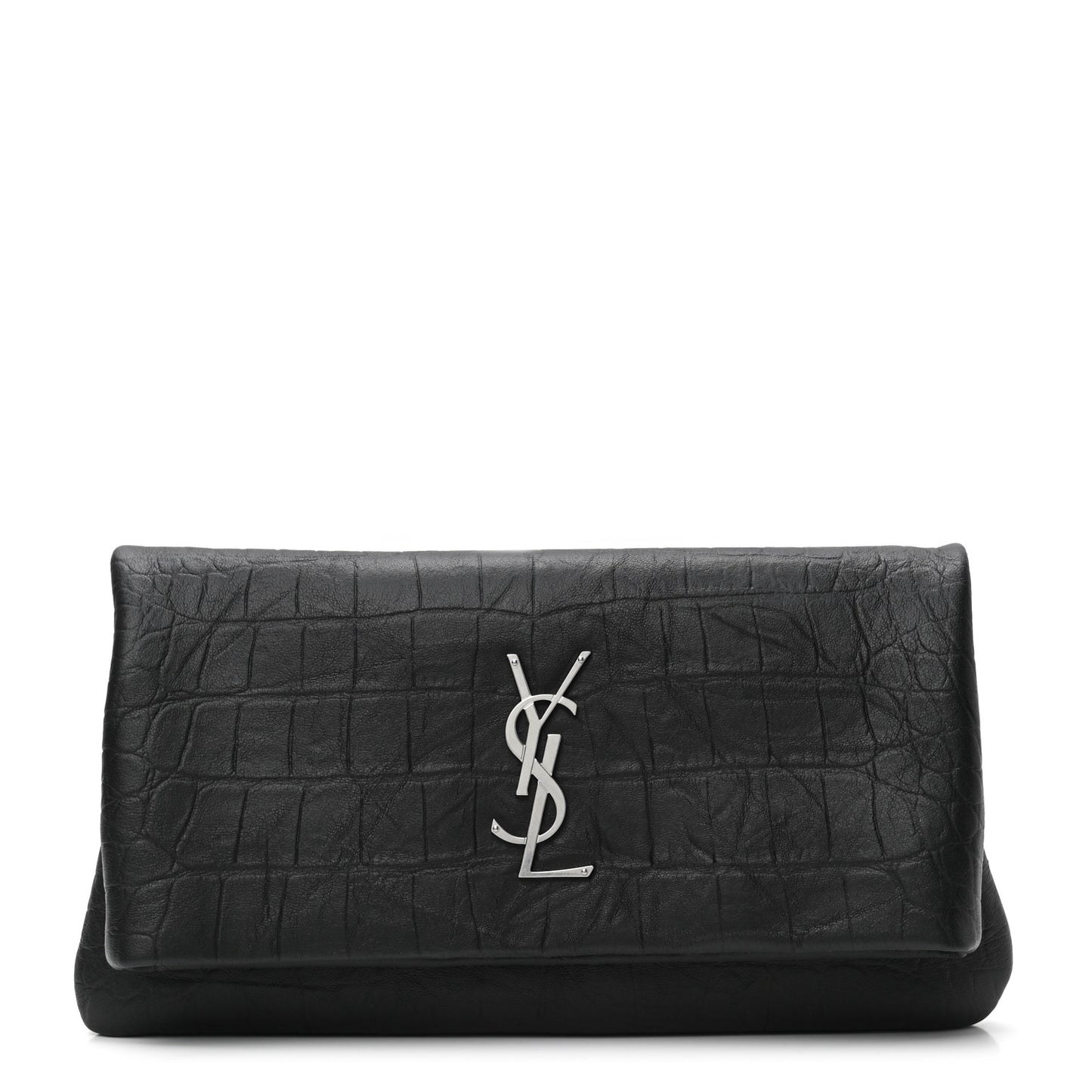 Calfskin Crocodile Embossed West Hollywood Monogram Fold Over Clutch Black