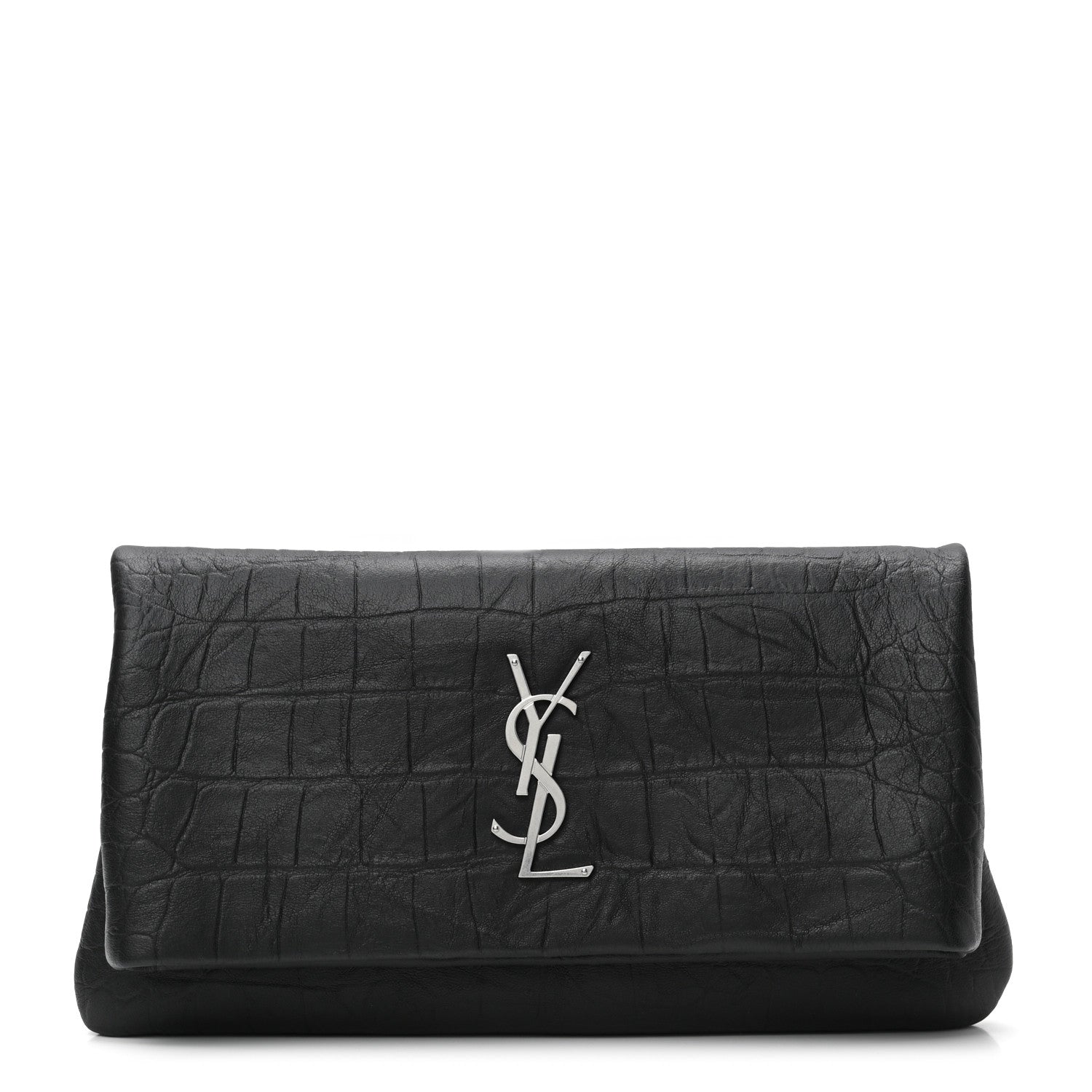 Saint Laurent Calfskin Crocodile Embossed West Hollywood Monogram Fold Over Clutch Black 1 of 7