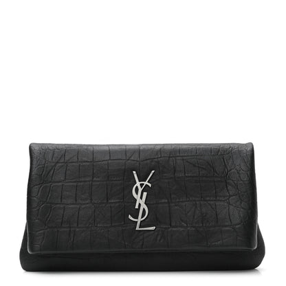 Saint Laurent Calfskin Crocodile Embossed West Hollywood Monogram Fold Over Clutch Black 1 of 7