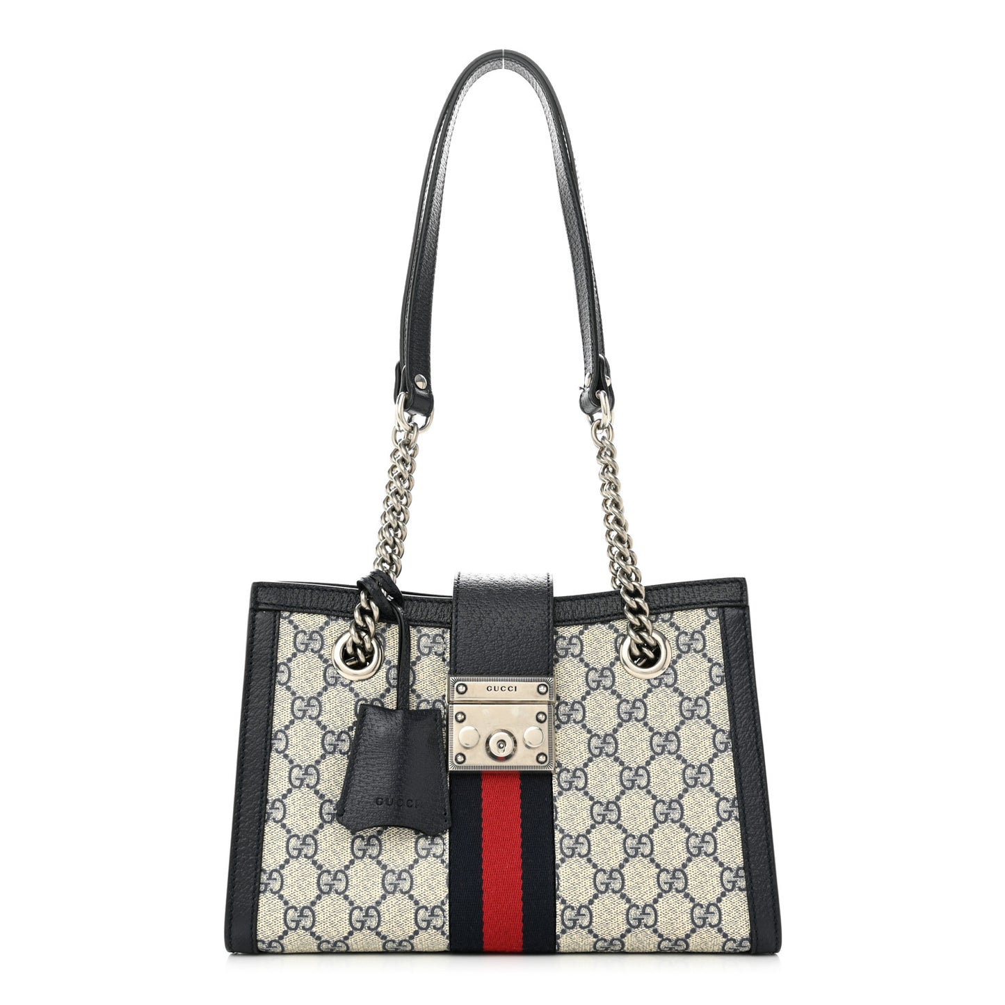 GG Supreme Monogram Textured Dollar Calfskin Web Small Padlock Tote Bag Beige Blue