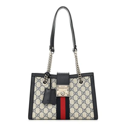 Gucci GG Supreme Monogram Textured Dollar Calfskin Web Small Padlock Tote Bag Beige Blue 1 of 11