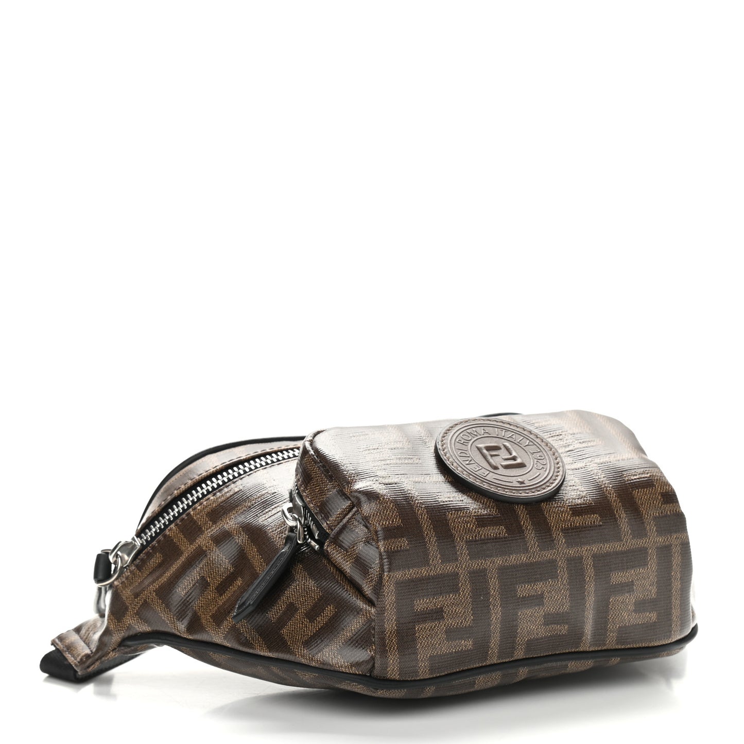 Glazed Fabric Vitello Century FF 1974 Stamp Patch Mens Pocket Belt Bag Mogano Panna Black
