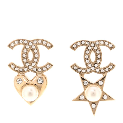 Chanel Crystal Pearl Charming Winter CC Star Heart Clip On Earrings Gold 1 of 5