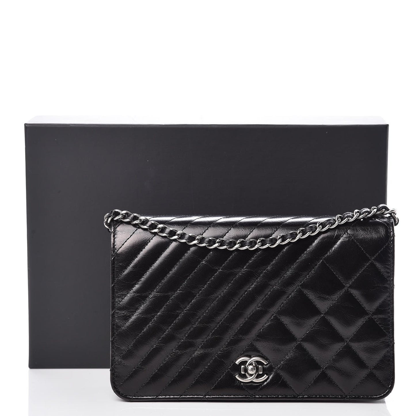 Glazed Calfskin Quilted Coco Boy Wallet On Chain WOC Black