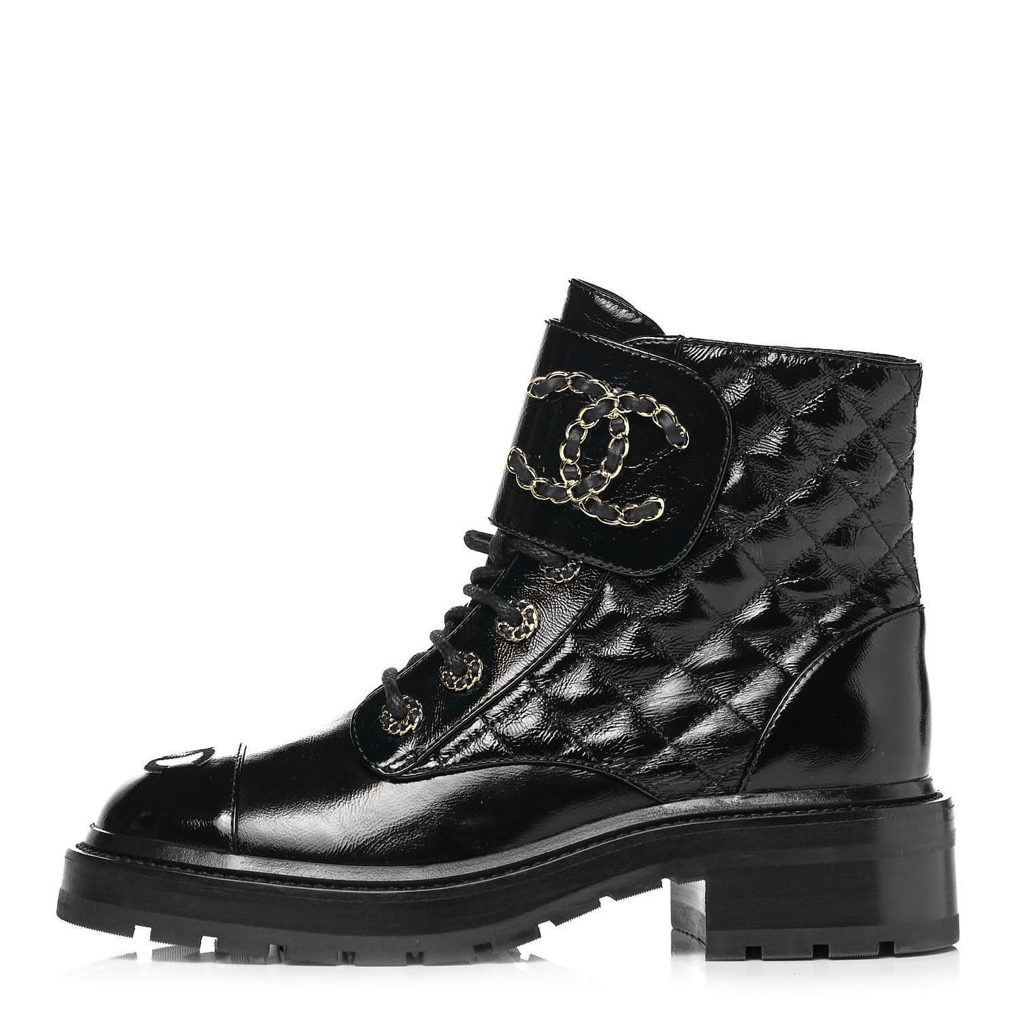Shiny Calfskin Quilted Lace Up Combat Boots 36.5 Black