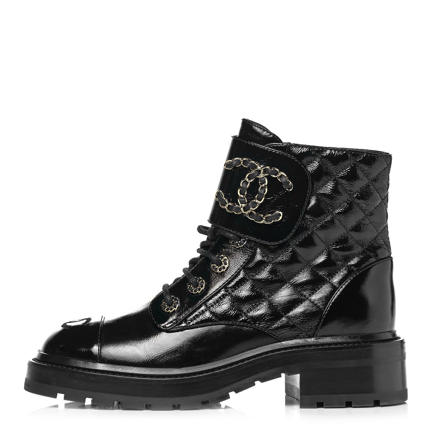 Chanel Shiny Calfskin Quilted Lace Up Combat Boots 36.5 Black 1 of 6