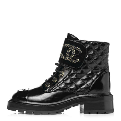Chanel Shiny Calfskin Quilted Lace Up Combat Boots 36.5 Black 1 of 6