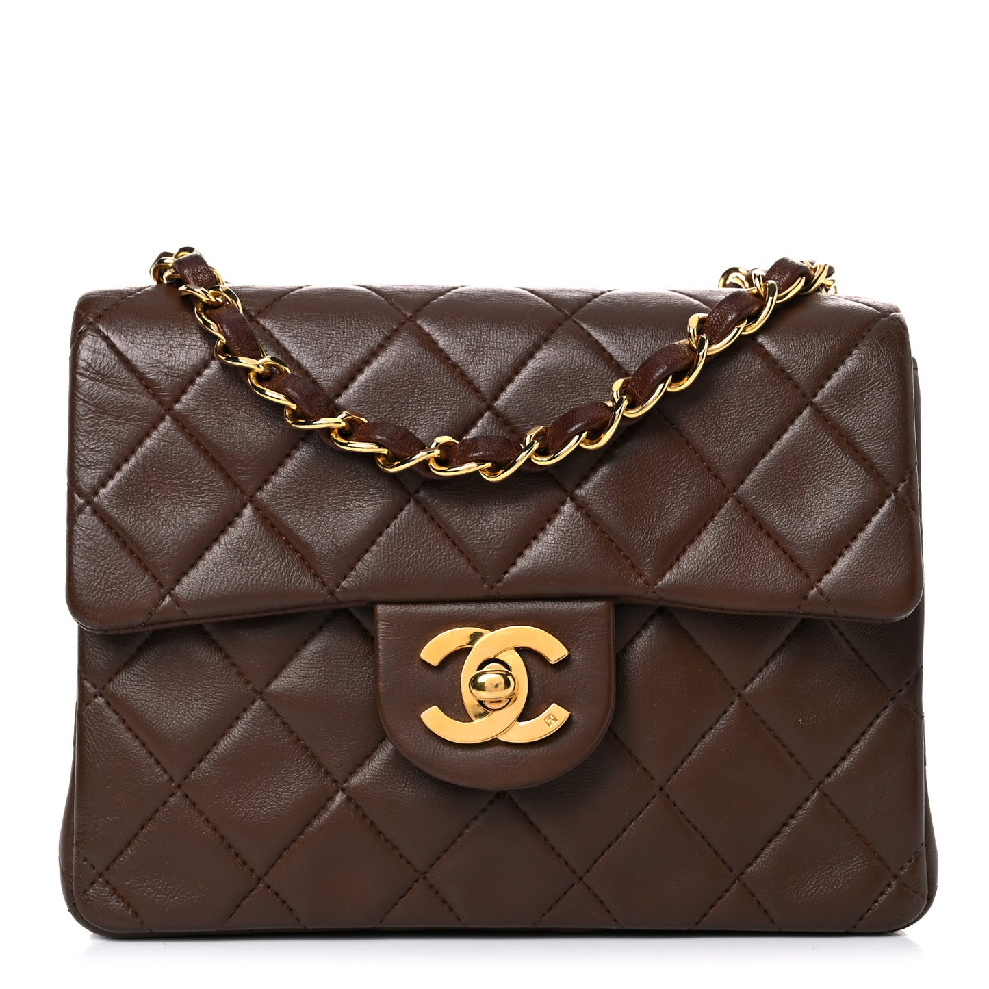 Lambskin Quilted Mini Square Flap Dark Brown