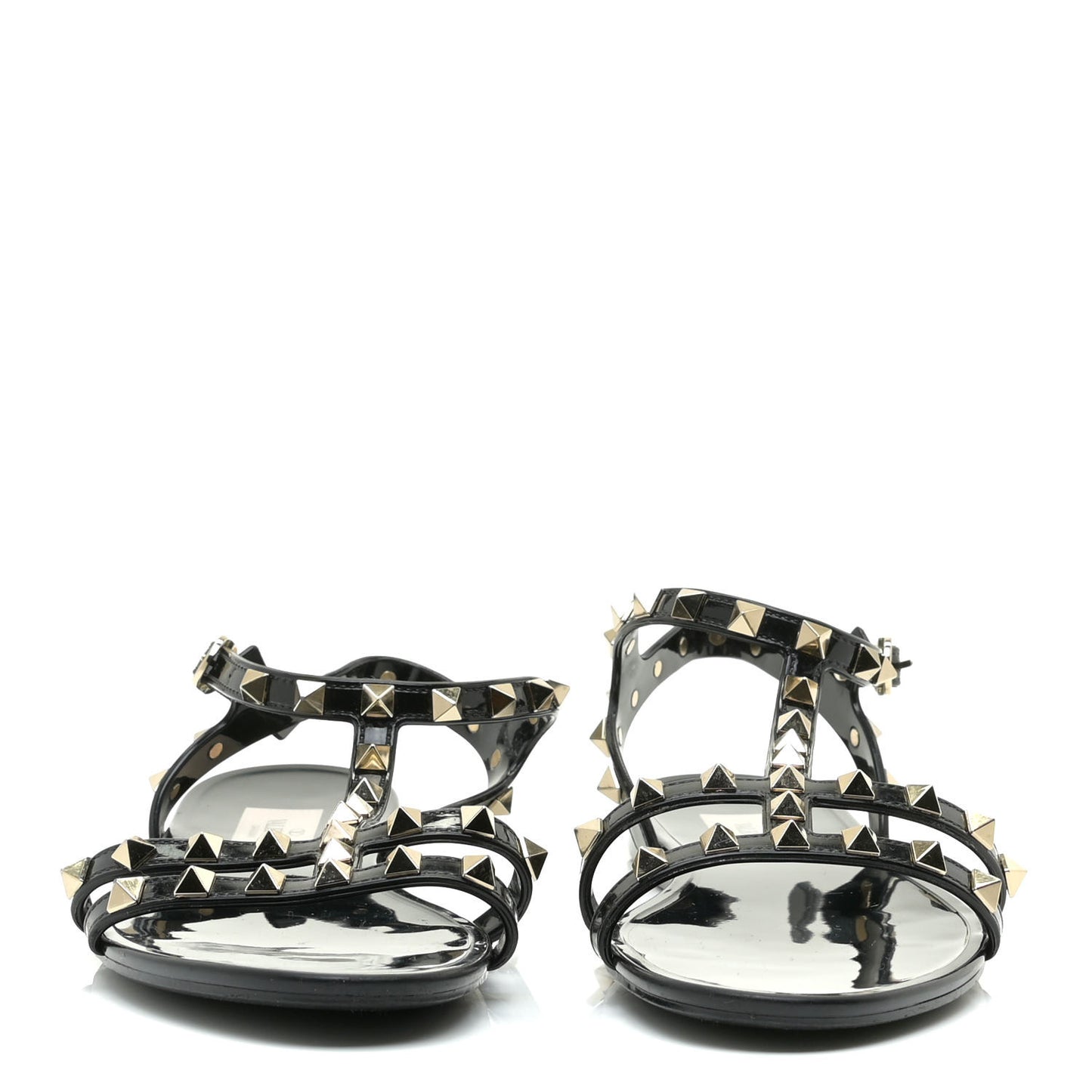 Patent Rockstud T-Strap Slingback Flat Sandals 38 Black
