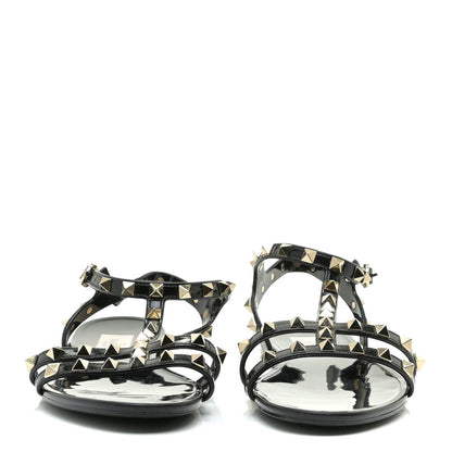 Valentino Garavani Patent Rockstud T-Strap Slingback Flat Sandals 38 Black 2 of 7