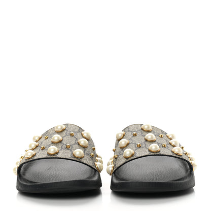 Gucci GG Supreme Monogram Pearls Slide Sandals 41 Beige 2 of 13