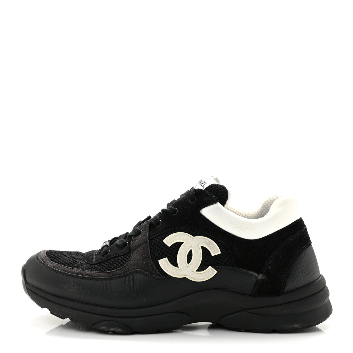 Chanel Mesh Suede Calfskin Grained Calfskin Mens CC Sneakers 44 Black White 1 of 11