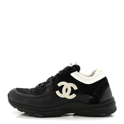 Chanel Mesh Suede Calfskin Grained Calfskin Mens CC Sneakers 44 Black White 1 of 11