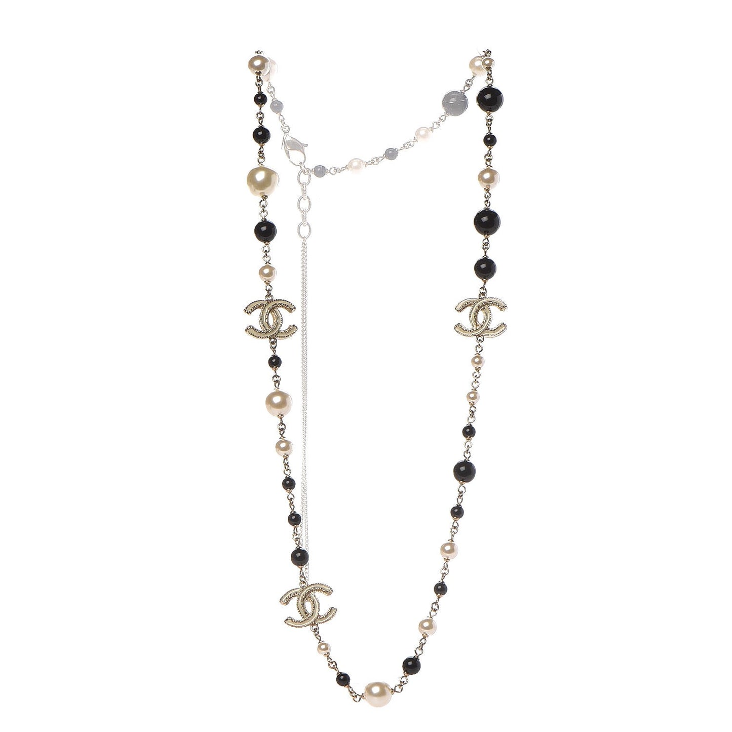 Pearl Bead Enamel CC Long Necklace Black Gold