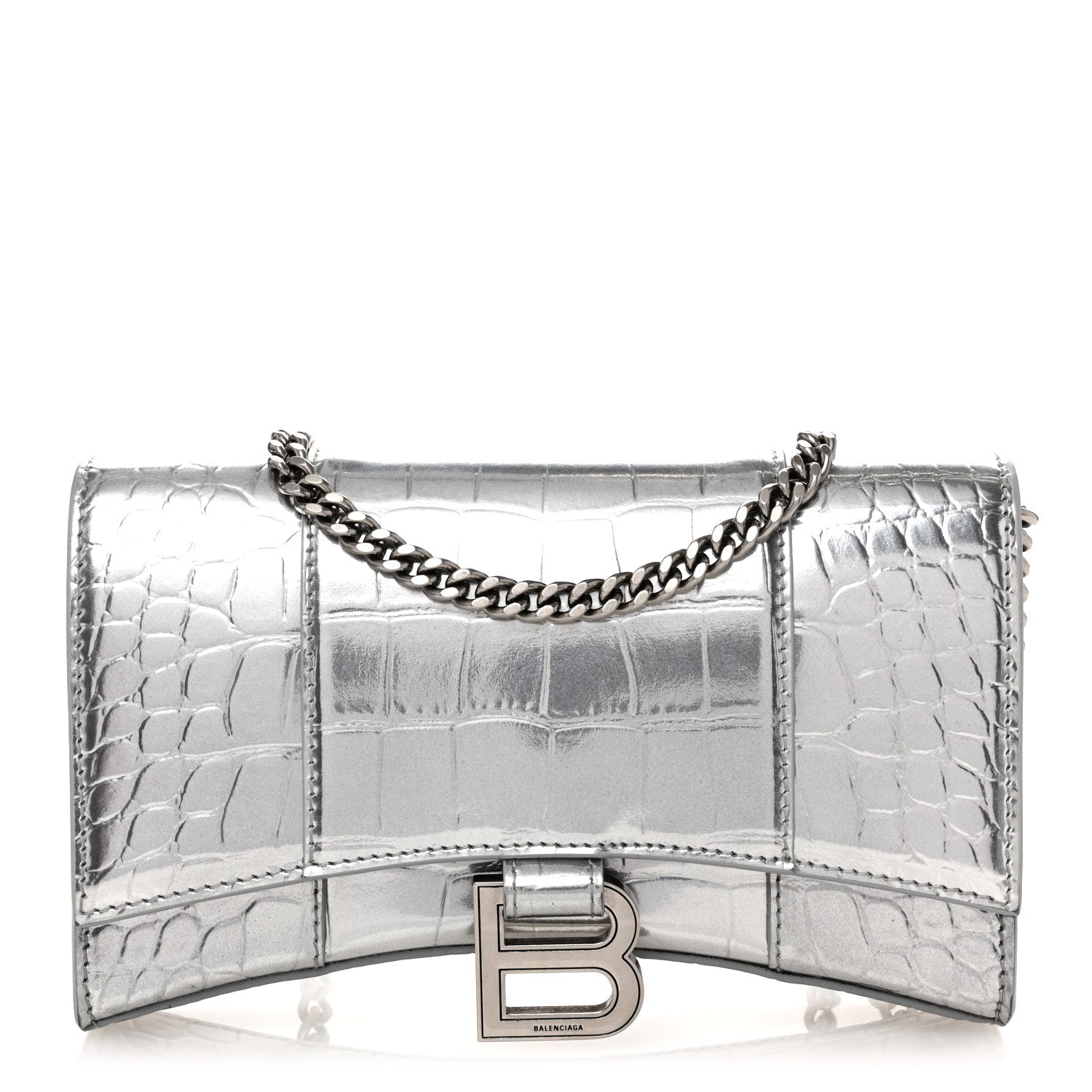 Balenciaga Metallic Calfskin Crocodile Embossed Hourglass Chain Bag Silver 1 of 10