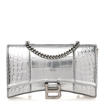 Balenciaga Metallic Calfskin Crocodile Embossed Hourglass Chain Bag Silver 1 of 10