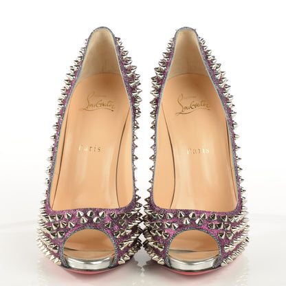 Christian Louboutin Metallic Lame Peep Spikes 120 Platform Peep Toe Pumps 39 Turquoise Violet Silver 2 of 8