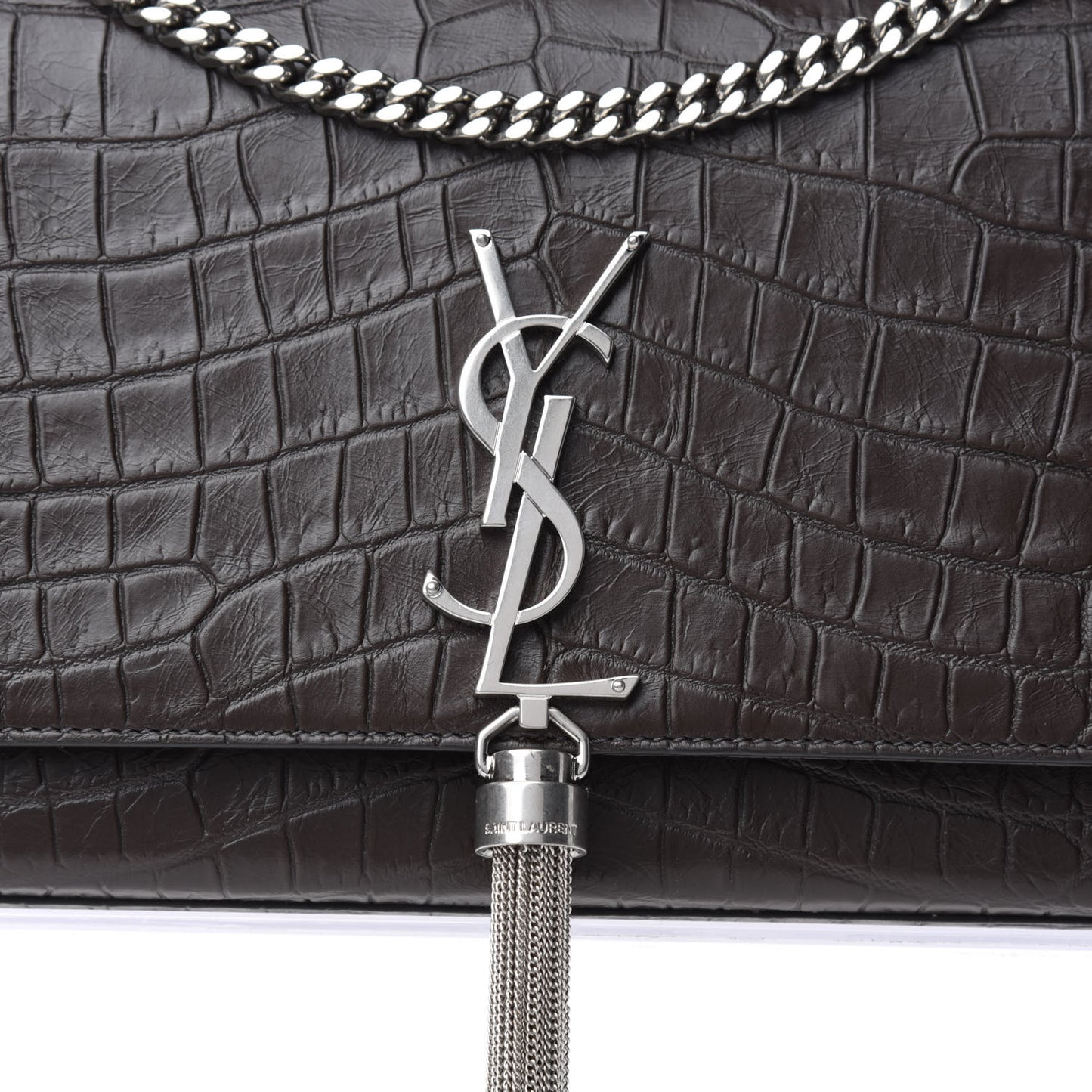 Calfskin Crocodile Embossed Medium Classic Monogram Kate Tassel Satchel Earth Grey