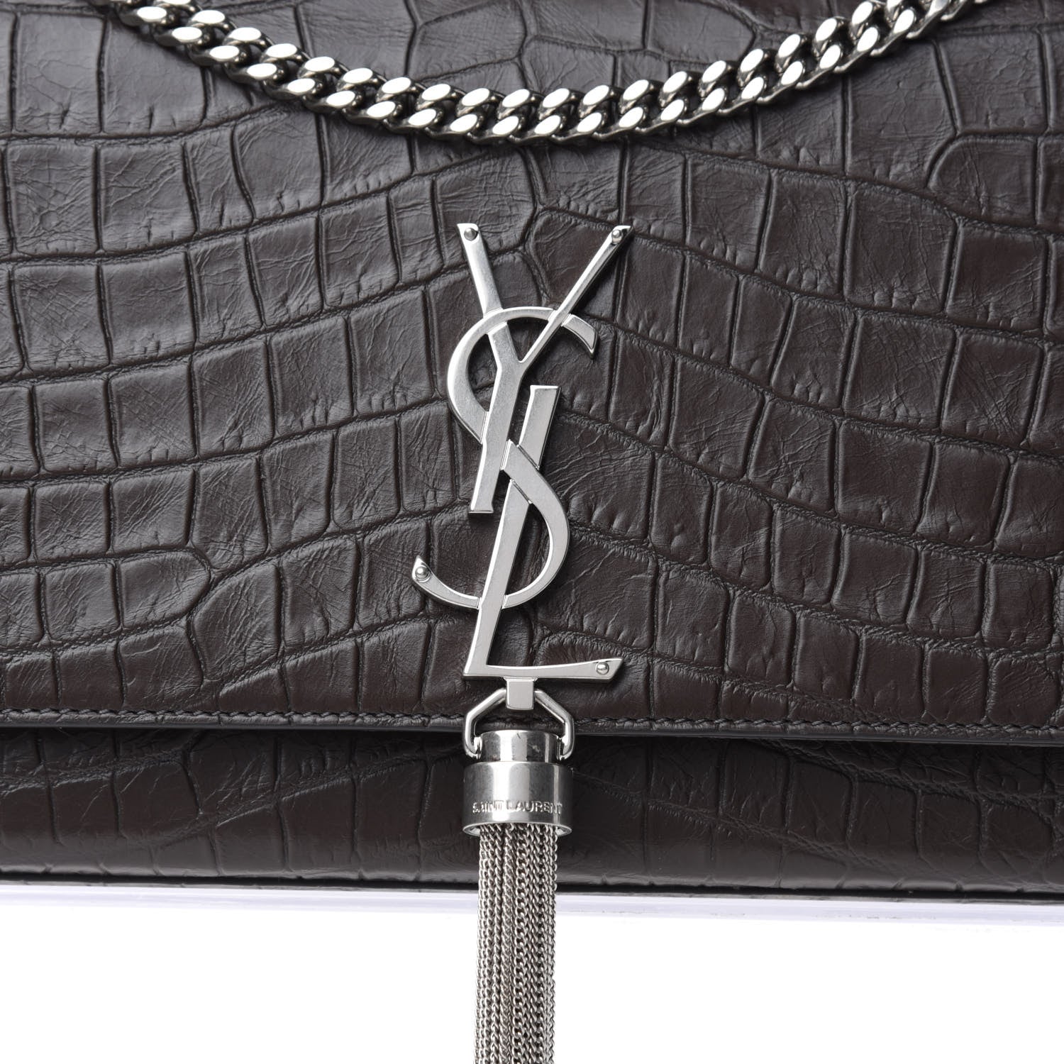 Saint Laurent Calfskin Crocodile Embossed Medium Classic Monogram Kate Tassel Satchel Earth Grey 10 of 10