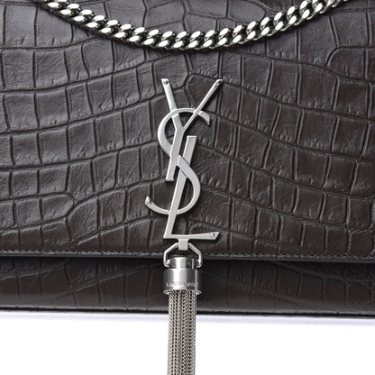 Saint Laurent Calfskin Crocodile Embossed Medium Classic Monogram Kate Tassel Satchel Earth Grey 10 of 10