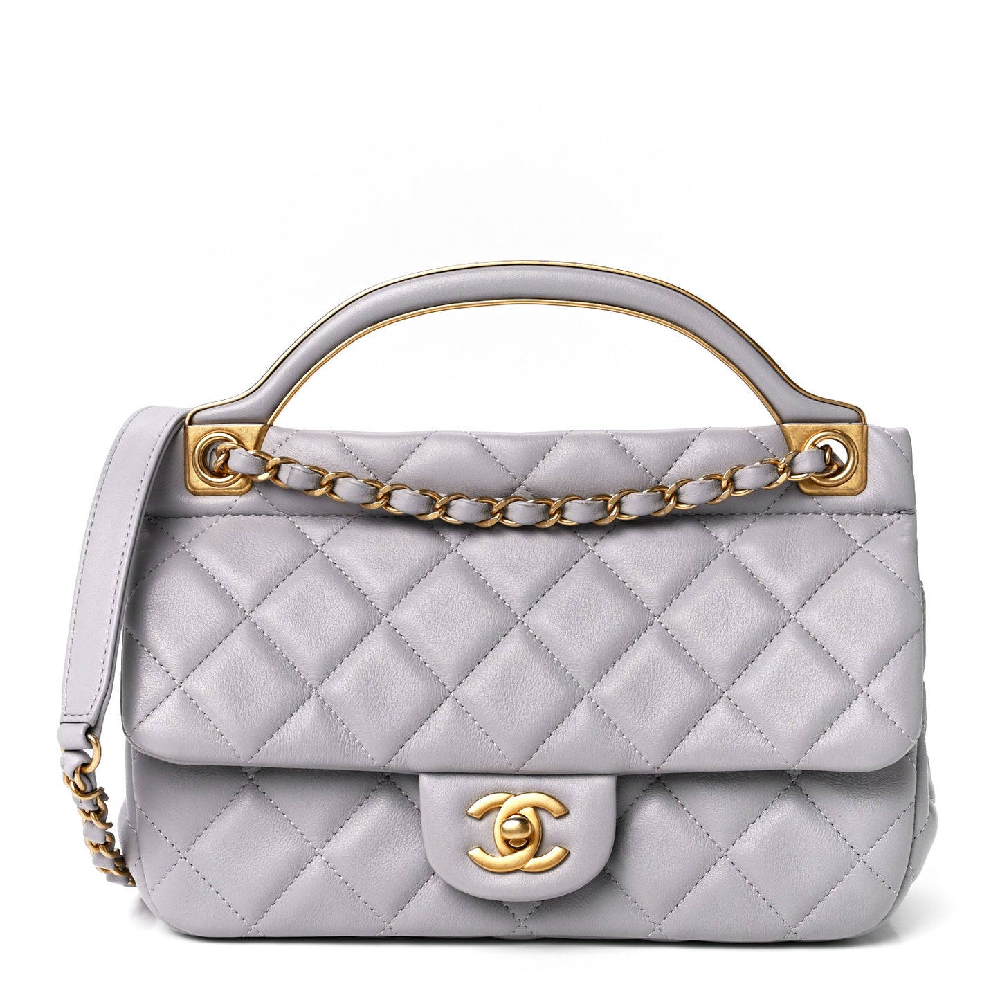 Calfskin Quilted Small Lady Handle Clutch With Chain Grey
