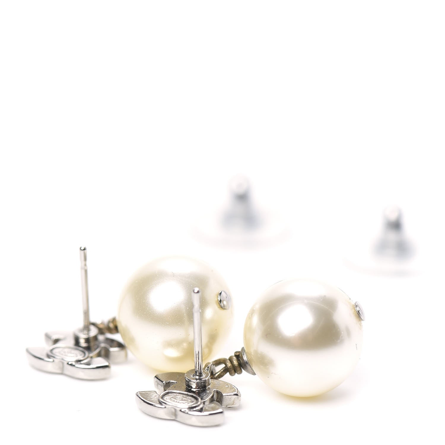 Chanel Crystal Pearl CC Drop Earrings Silver 3 of 3