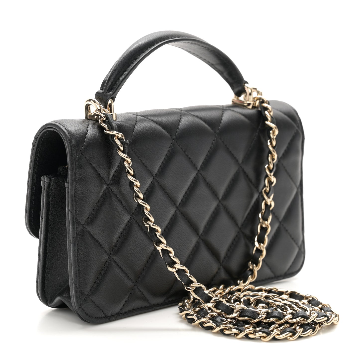 Lambskin Quilted Flap Phone Holder With Chain Black