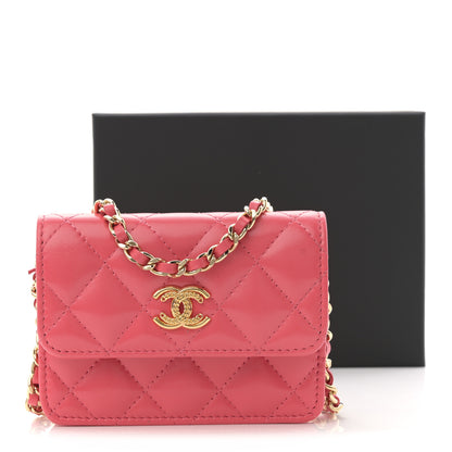 Chanel Shiny Lambskin Quilted Card Holder On Chain Pink 11 of 11