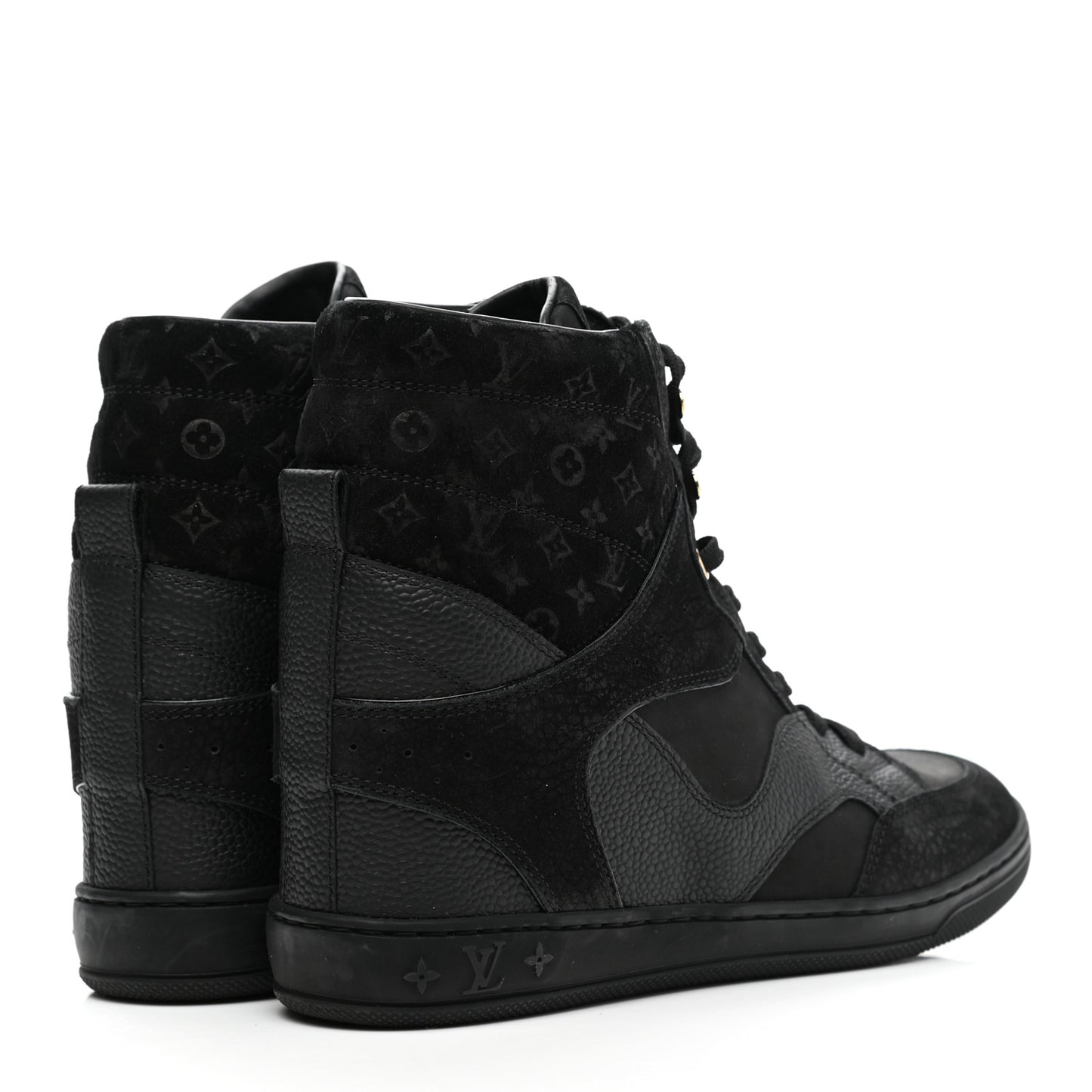 Calfskin Suede Monogram Cliff Top Wedge Sneakers 38 Navy