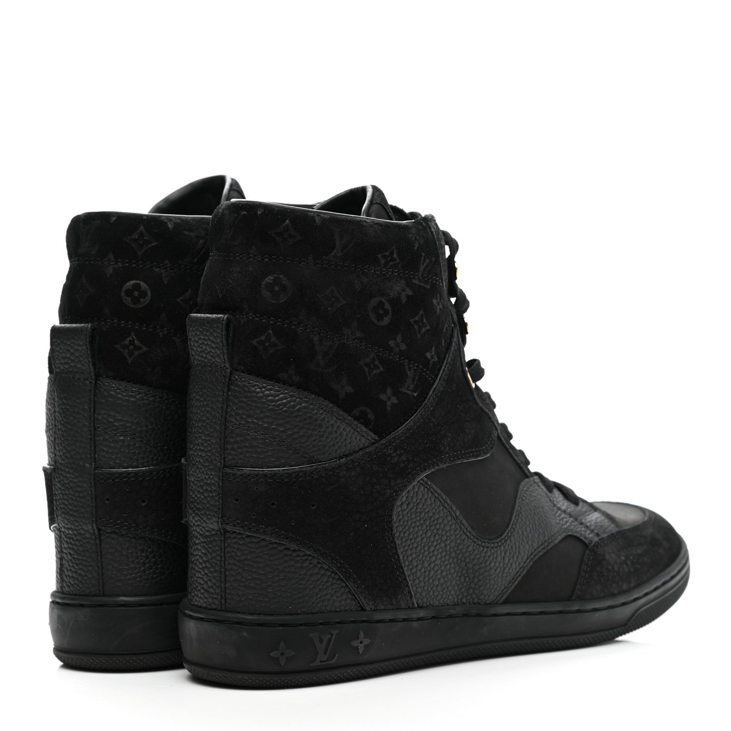 Louis Vuitton Calfskin Suede Monogram Cliff Top Wedge Sneakers 38 Navy 4 of 10