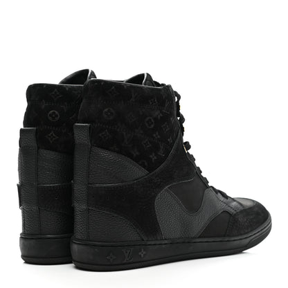 Louis Vuitton Calfskin Suede Monogram Cliff Top Wedge Sneakers 38 Navy 4 of 10