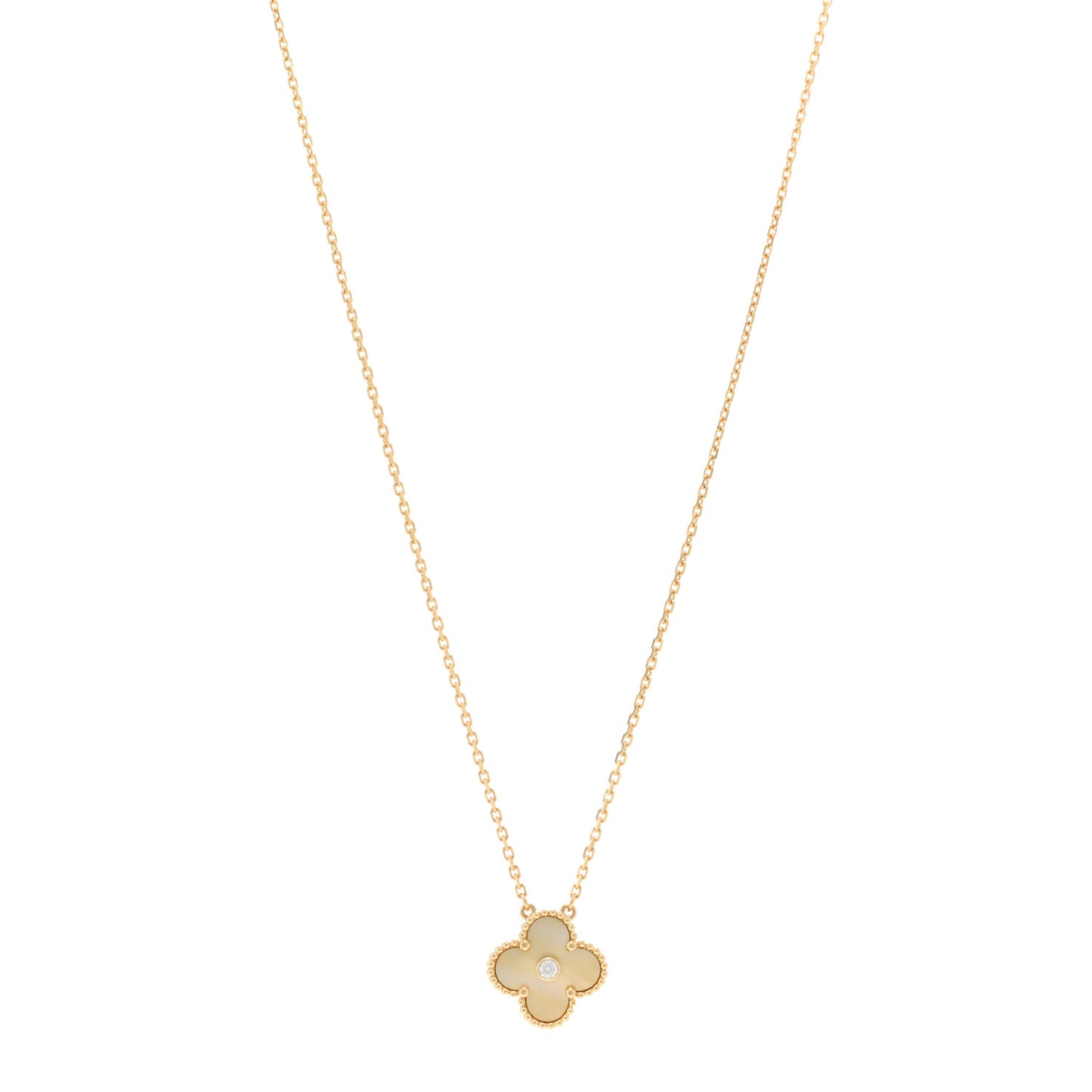 18K Yellow Gold Diamond Yellow Mother of Pearl Vintage Alhambra Pendant Necklace