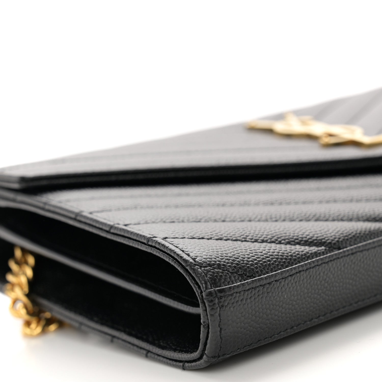 Saint Laurent Grain De Poudre Matelasse Chevron Monogram Chain Wallet Black 9 of 11