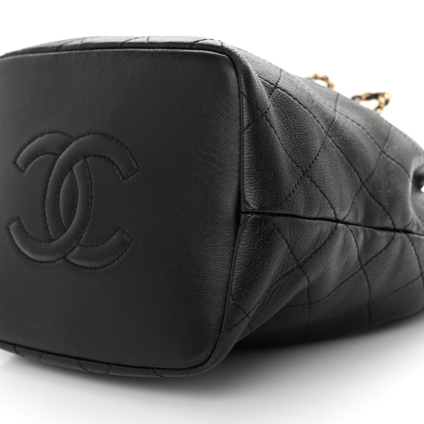 Lambskin Stitched Drawstring Bucket Bag Black