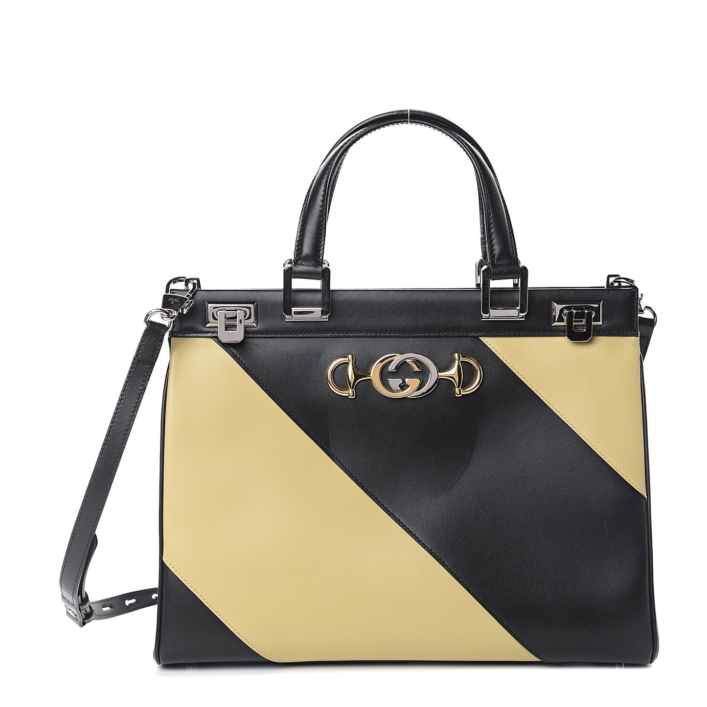 Smooth Calfskin Diagonal Striped Medium Zumi Top Handle Bag Black Beige