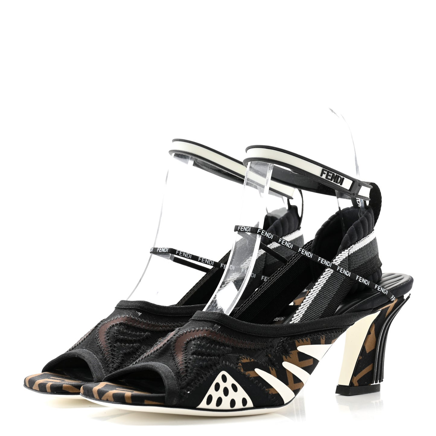Technical Mesh FF FFreedom Patchwork Low Heel Peep Toe Sandals 38 Tobacco Black Asfalto