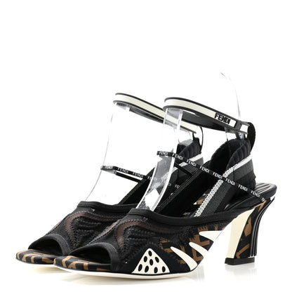 Fendi Technical Mesh FF FFreedom Patchwork Low Heel Peep Toe Sandals 38 Tobacco Black Asfalto 3 of 8