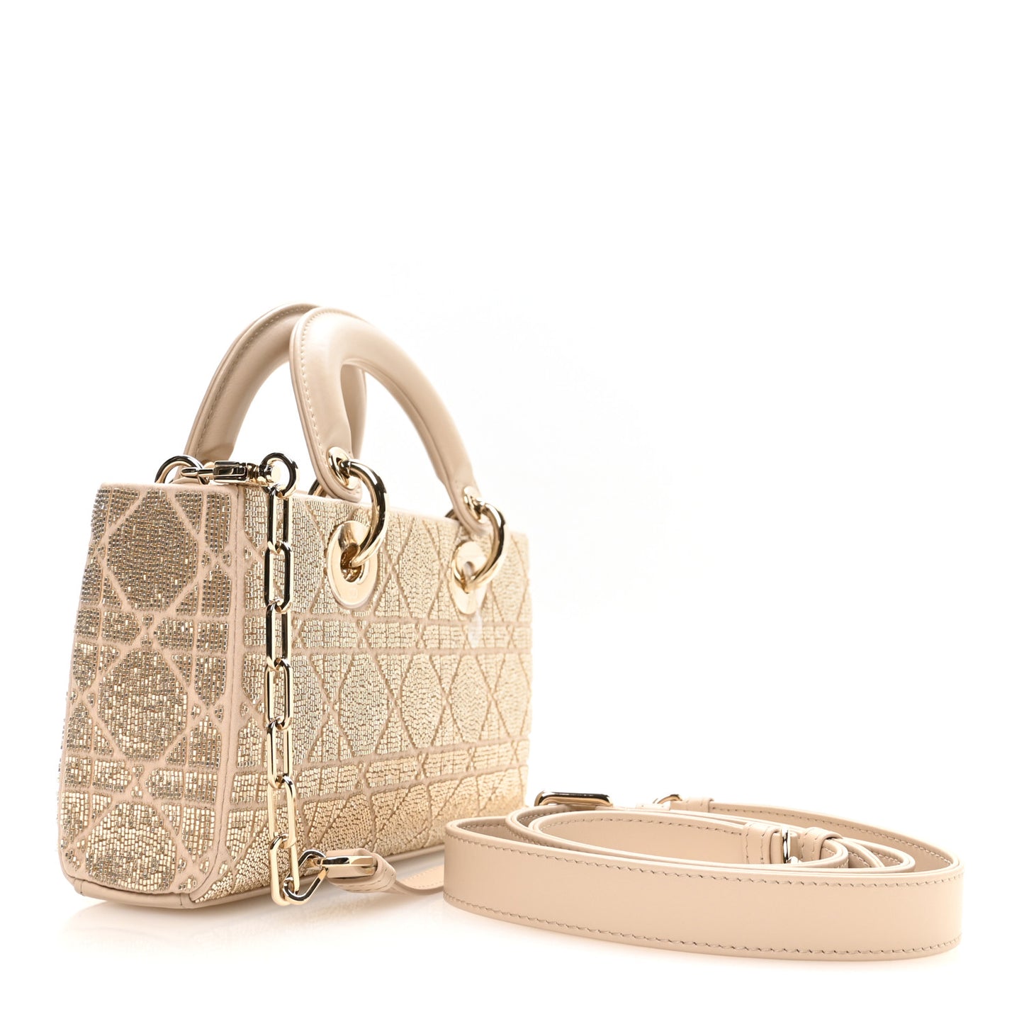 Lambskin Cannage Beaded Embroidered Micro Lady D-Joy Beige