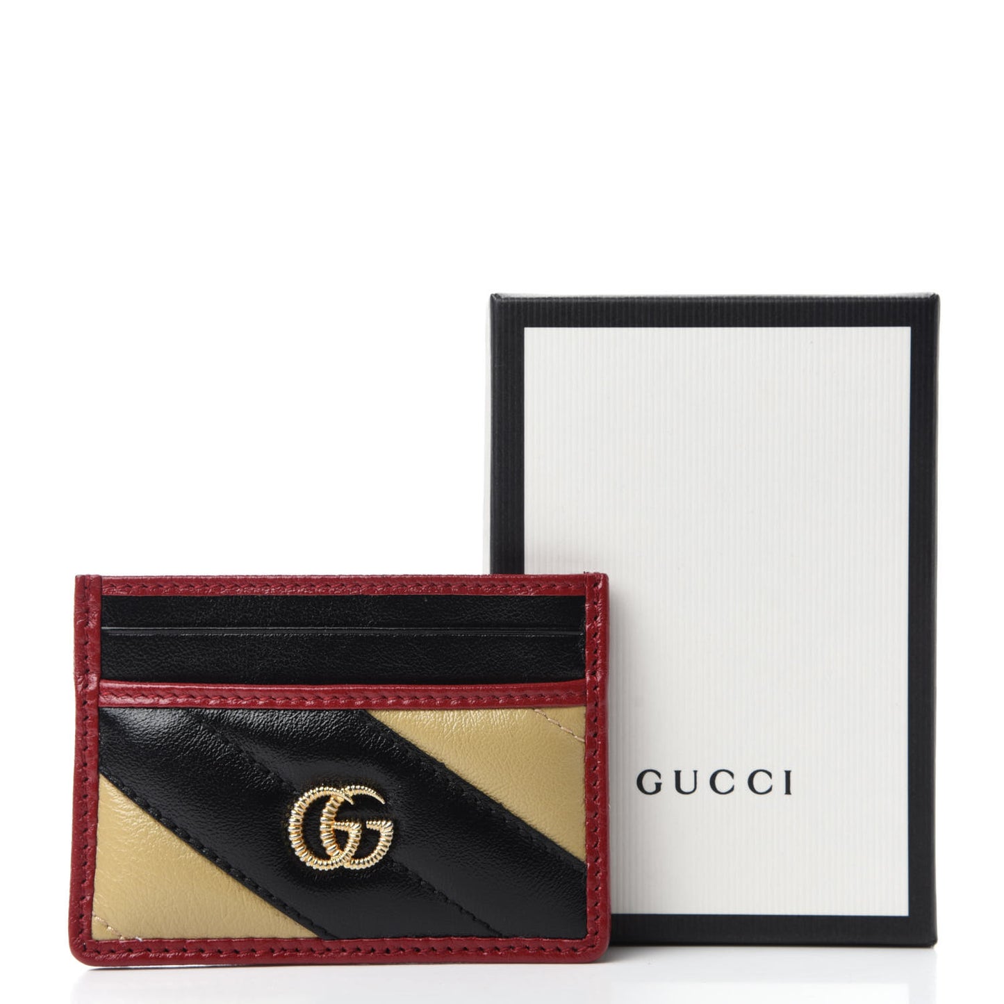 Azalea Calfskin Matelasse Diagonal Patchwork Torchon GG Marmont Card Case Black Beige Romantic Cerise
