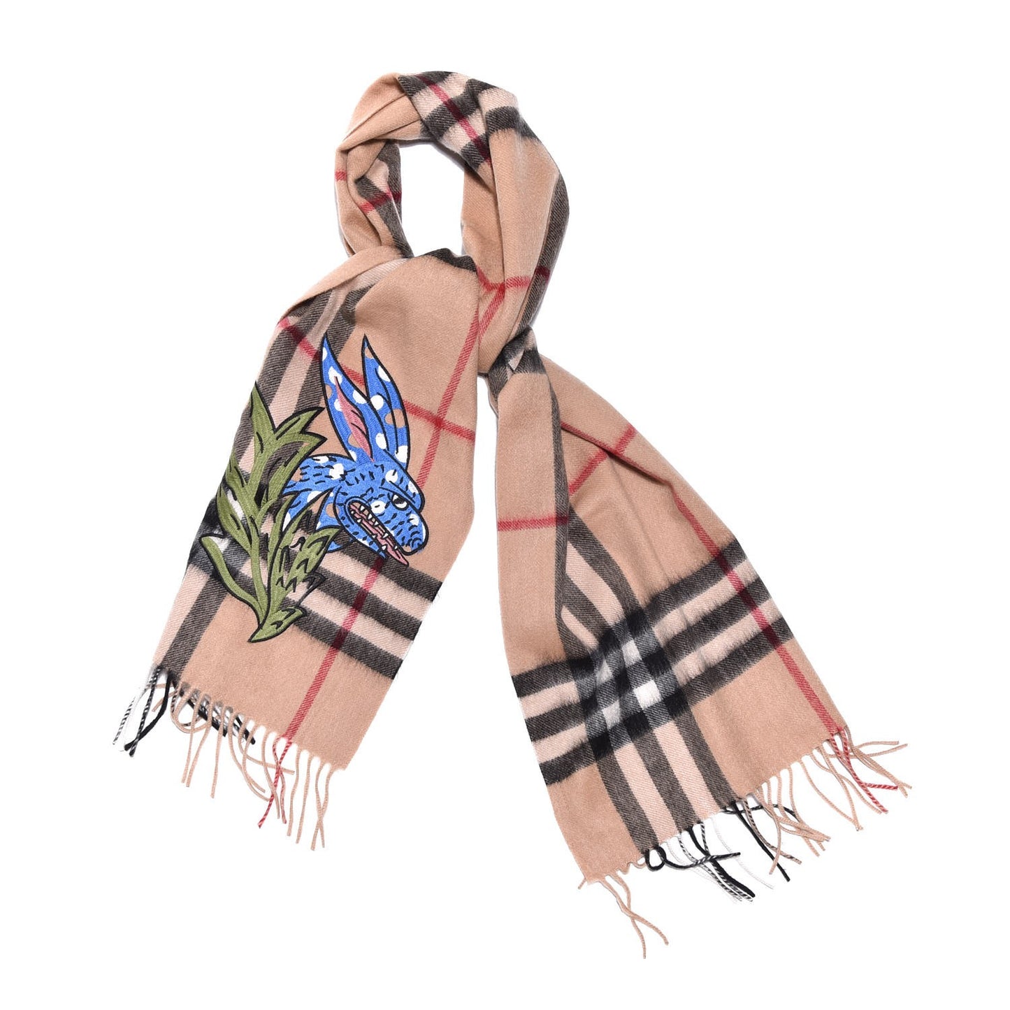 Cashmere Embroidered Oscar Giant Check Fringe Scarf Camel